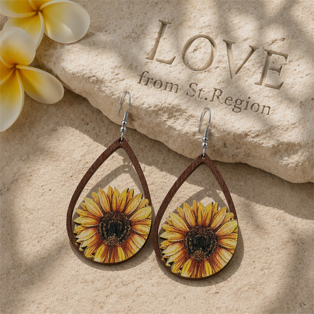 Yellow Wood Sunflower Drop Earrings, drop earrings for women, elegant gift for her, lifestyle look