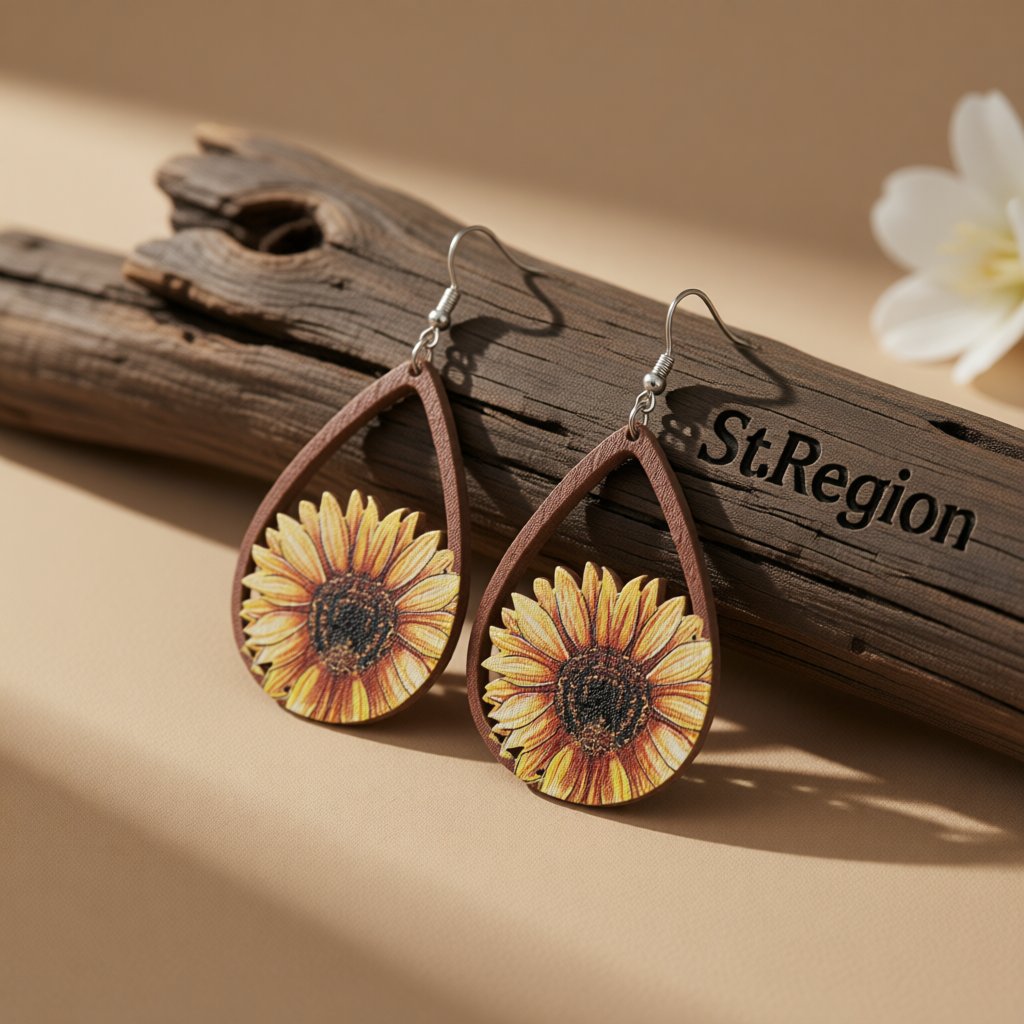 Yellow Wood Sunflower Drop Earrings, drop earrings for women, elegant gift for her, front view