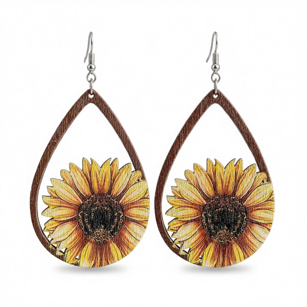 Yellow Wood Sunflower Drop Earrings, drop earrings for women, elegant gift for her, side view