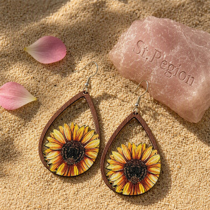 Yellow Wood Sunflower Drop Earrings, drop earrings for women, elegant gift for her, detail close-up