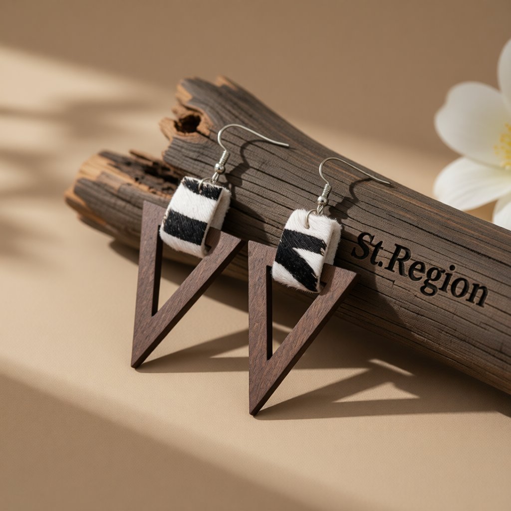 Brown Wood and Polystyrene Silver-Plated Zebra Triangle Drop Earrings, silver drop earrings for women, front view
