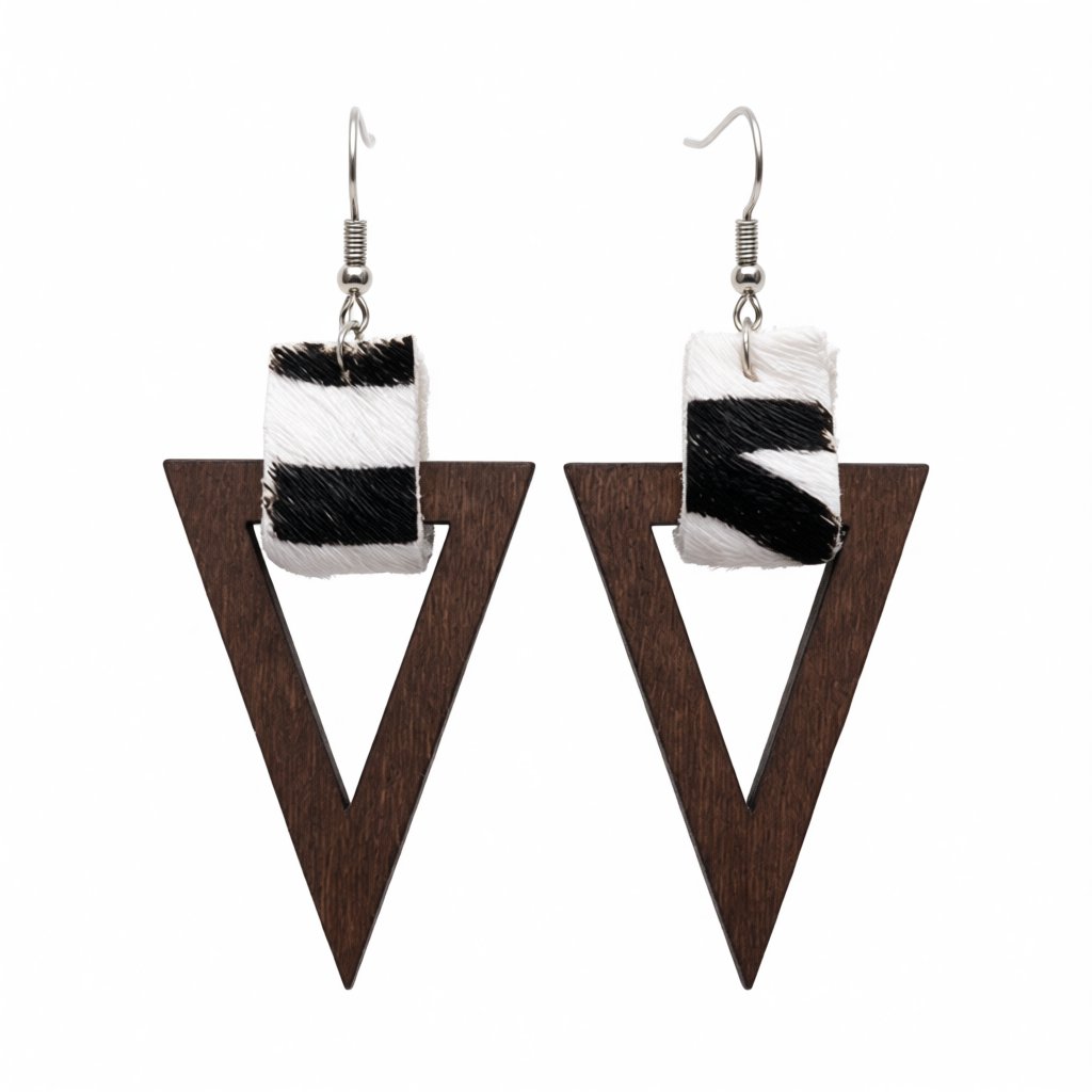 Brown Wood and Polystyrene Silver-Plated Zebra Triangle Drop Earrings, silver drop earrings for women, side view
