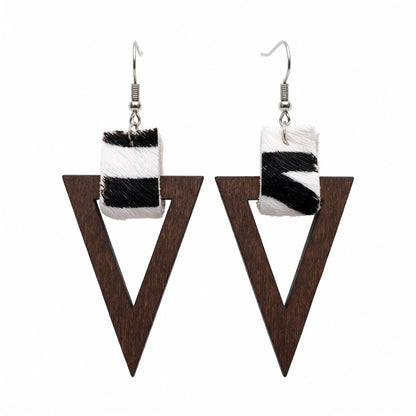 Brown Wood and Polystyrene Silver-Plated Zebra Triangle Drop Earrings, silver drop earrings for women, side view