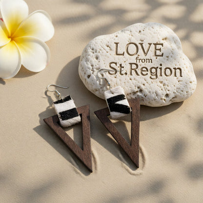 Brown Wood and Polystyrene Silver-Plated Zebra Triangle Drop Earrings, silver drop earrings for women, lifestyle look
