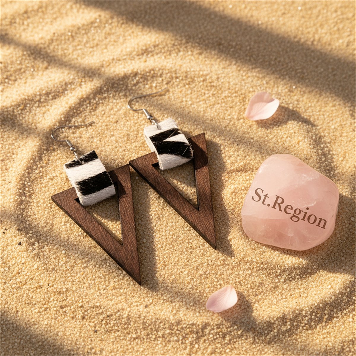 Brown Wood and Polystyrene Silver-Plated Zebra Triangle Drop Earrings, silver drop earrings for women, detail close-up