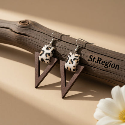 White and Wood Leopard-Print Triangle Drop Earrings, drop earrings for women, vintage-inspired design, front view