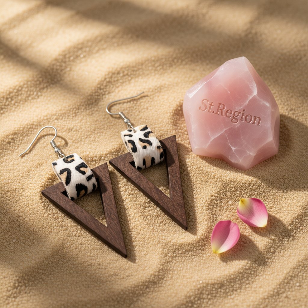 White and Wood Leopard-Print Triangle Drop Earrings, drop earrings for women, vintage-inspired design, detail close-up