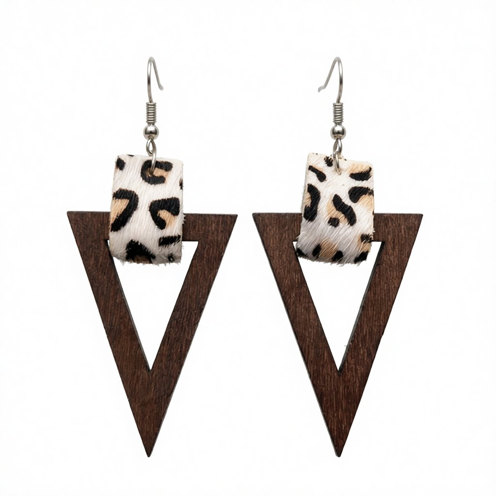 White and Wood Leopard-Print Triangle Drop Earrings, drop earrings for women, vintage-inspired design, side view