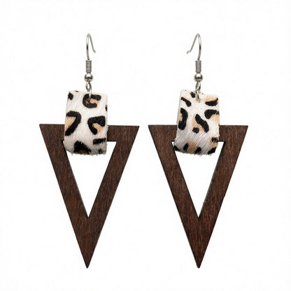 White and Wood Leopard-Print Triangle Drop Earrings, drop earrings for women, vintage-inspired design, side view