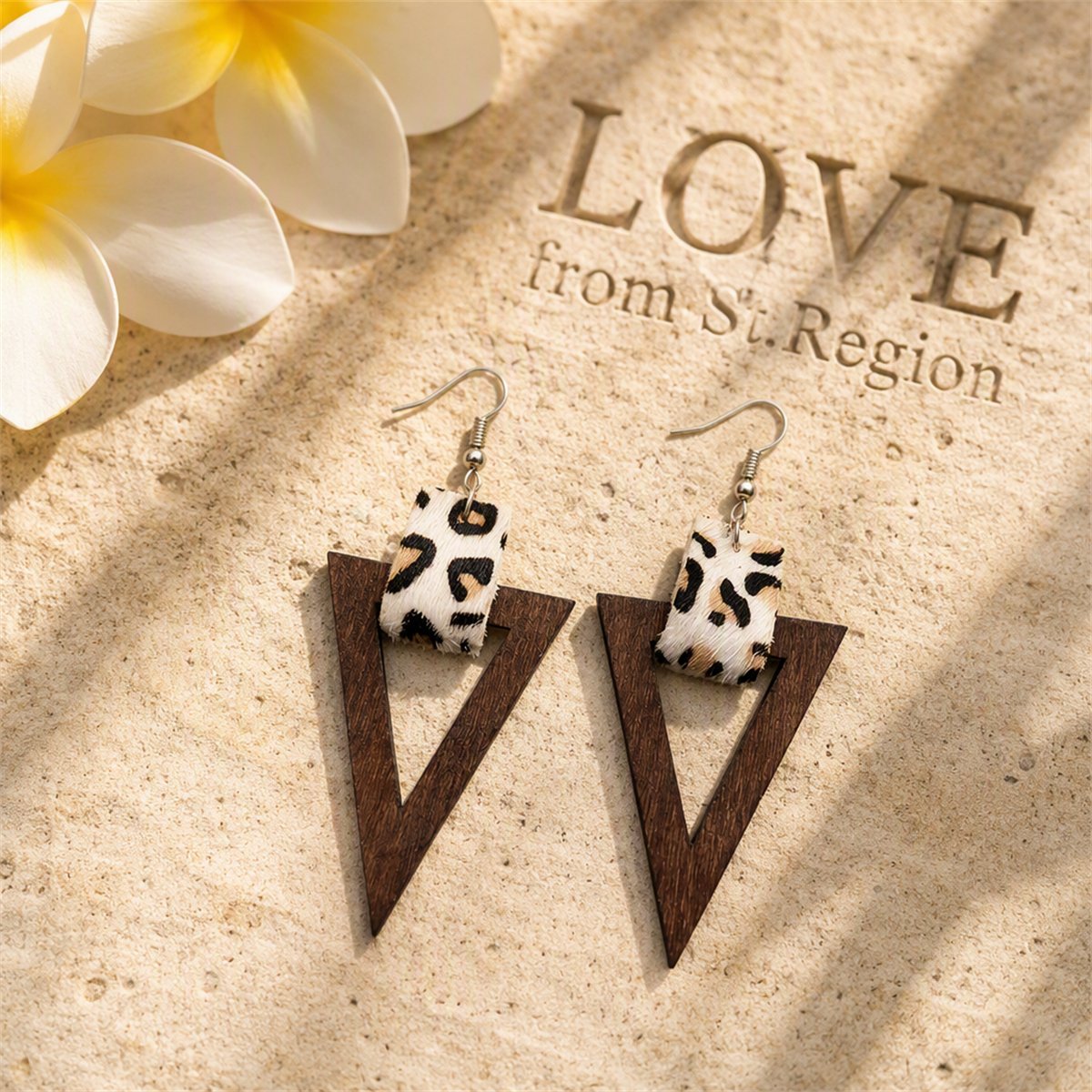 White and Wood Leopard-Print Triangle Drop Earrings, drop earrings for women, vintage-inspired design, lifestyle look