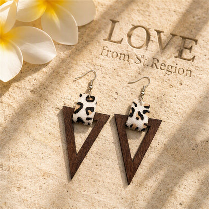 White and Wood Leopard-Print Triangle Drop Earrings, drop earrings for women, vintage-inspired design, lifestyle look