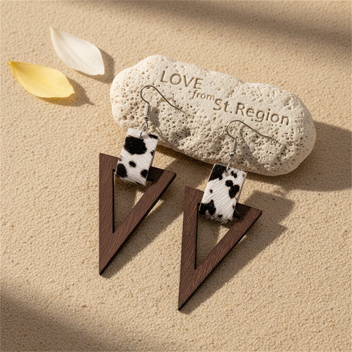 White and Wood Cow-Print Triangle Drop Earrings, drop earrings for women, botanical inspired, lifestyle look