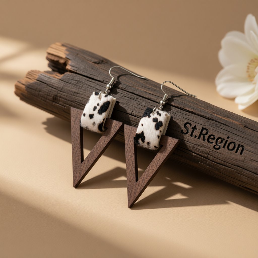 White and Wood Cow-Print Triangle Drop Earrings, drop earrings for women, botanical inspired, front view
