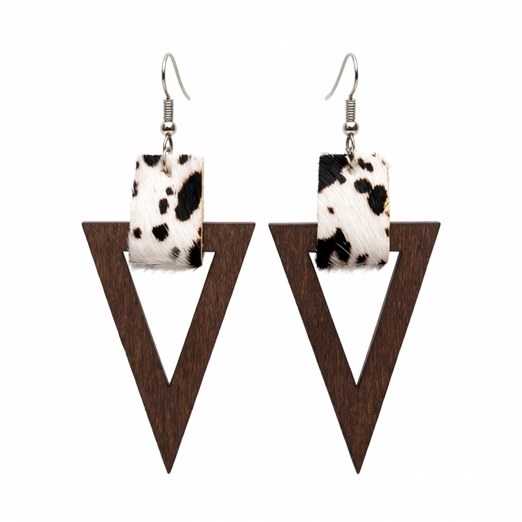 White and Wood Cow-Print Triangle Drop Earrings, drop earrings for women, botanical inspired, side view