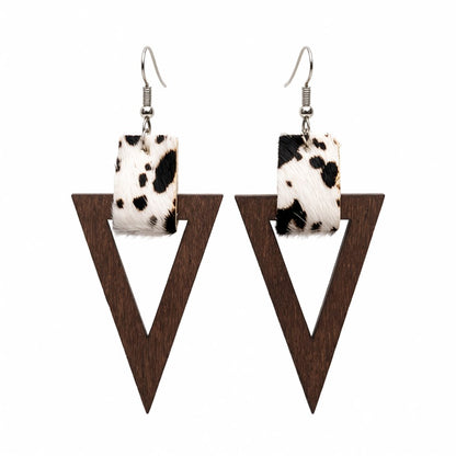 White and Wood Cow-Print Triangle Drop Earrings, drop earrings for women, botanical inspired, side view