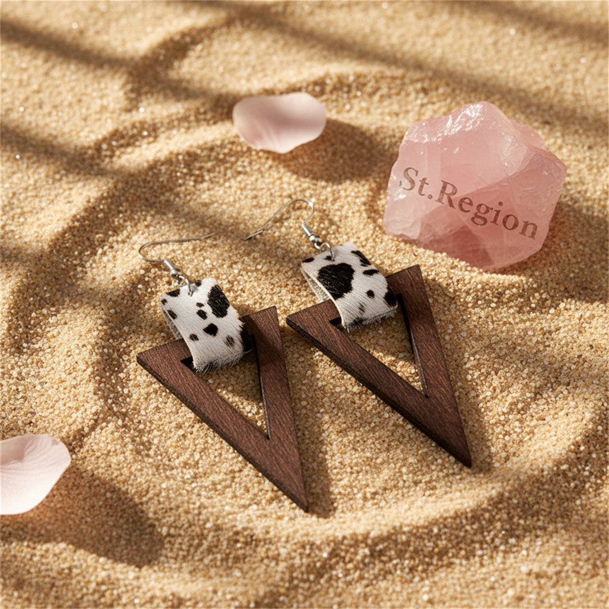 White and Wood Cow-Print Triangle Drop Earrings, drop earrings for women, botanical inspired, detail close-up