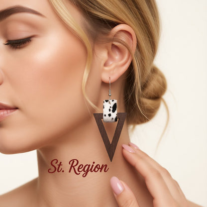 White and Wood Cow-Print Triangle Drop Earrings, drop earrings for women, botanical inspired, styled look