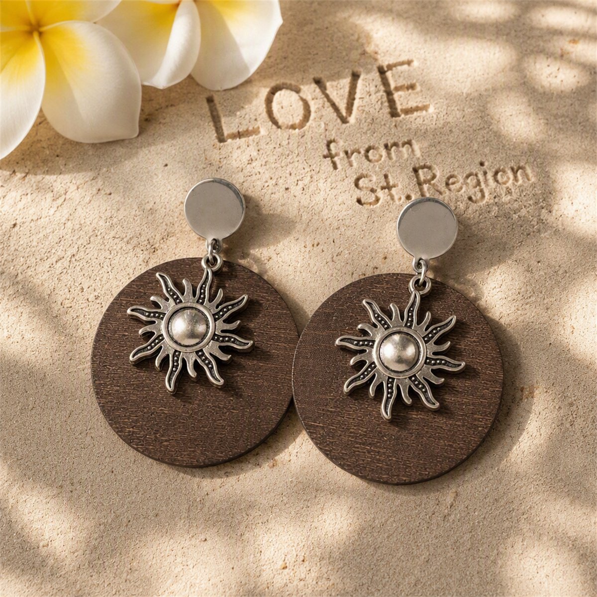 Wood and Silver-Plated Sun Drop Earrings, silver drop earrings for women, botanical inspired, lifestyle look
