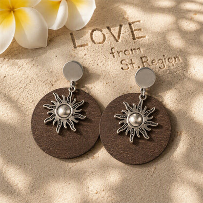 Wood and Silver-Plated Sun Drop Earrings, silver drop earrings for women, botanical inspired, lifestyle look
