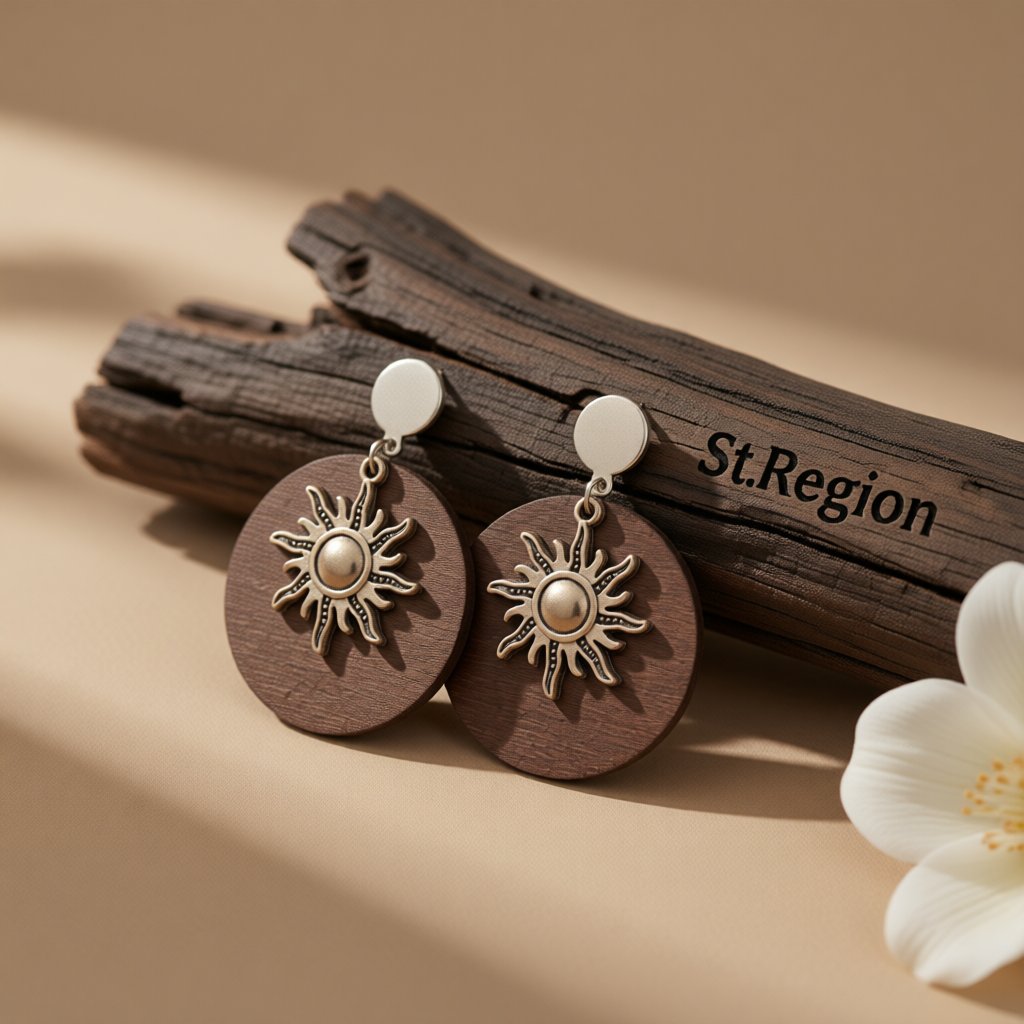 Wood and Silver-Plated Sun Drop Earrings, silver drop earrings for women, botanical inspired, front view