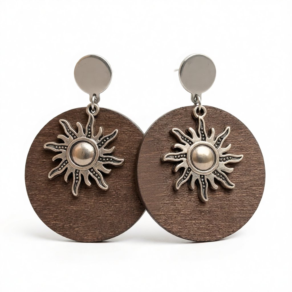 Wood and Silver-Plated Sun Drop Earrings, silver drop earrings for women, botanical inspired, side view