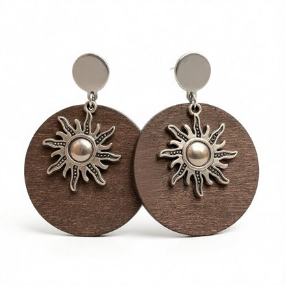 Wood and Silver-Plated Sun Drop Earrings, silver drop earrings for women, botanical inspired, side view