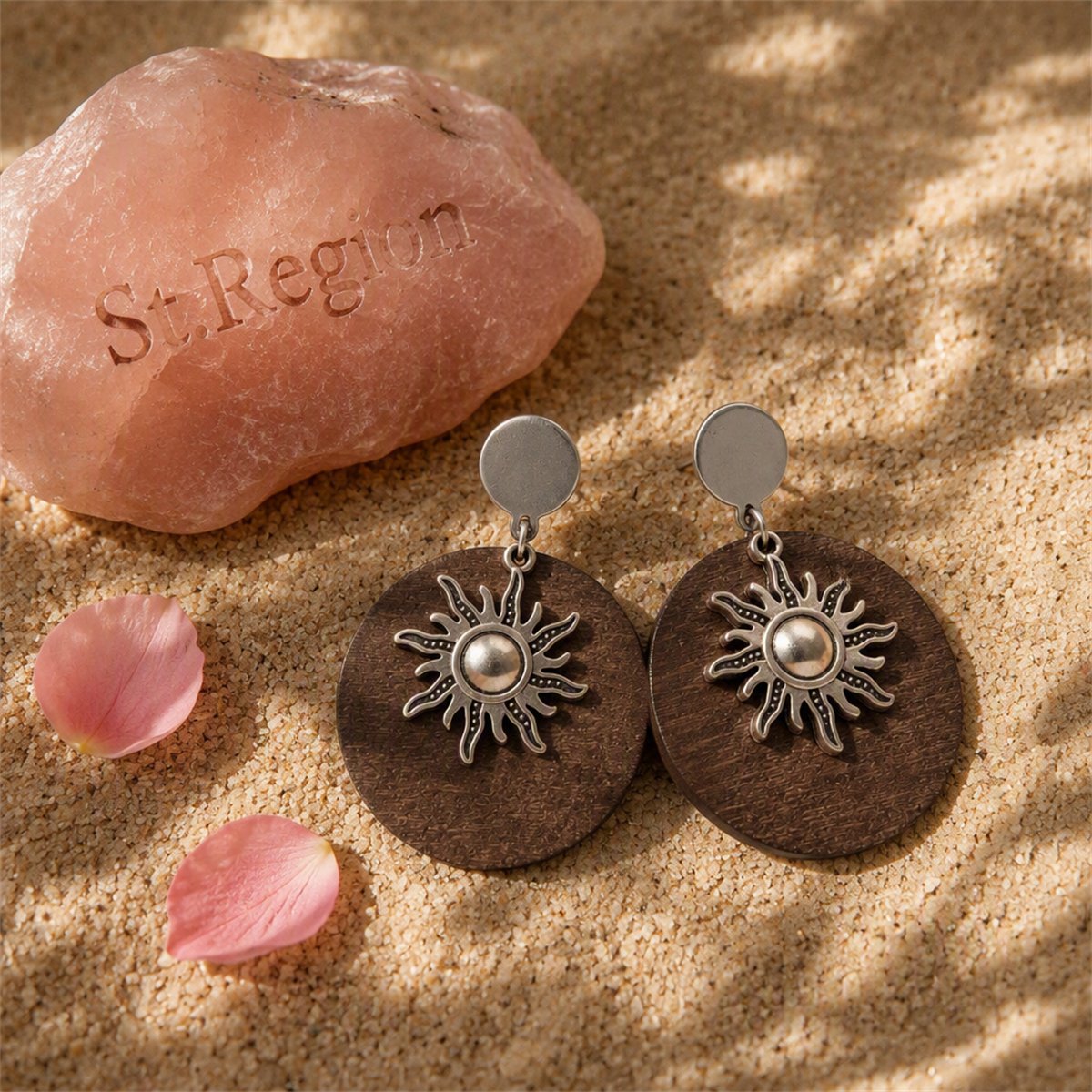 Wood and Silver-Plated Sun Drop Earrings, silver drop earrings for women, botanical inspired, detail close-up