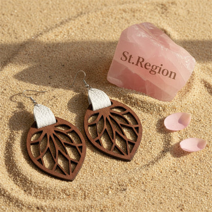 White Polystyrene and Wood Leaf Teardrop Earrings, drop earrings for women, dainty minimalist design, detail close-up