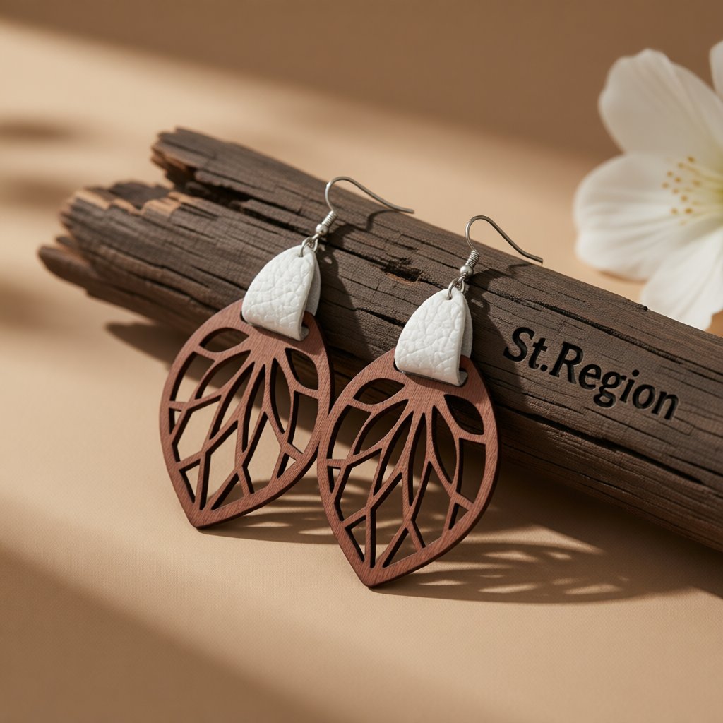 White Polystyrene and Wood Leaf Teardrop Earrings, drop earrings for women, dainty minimalist design, front view