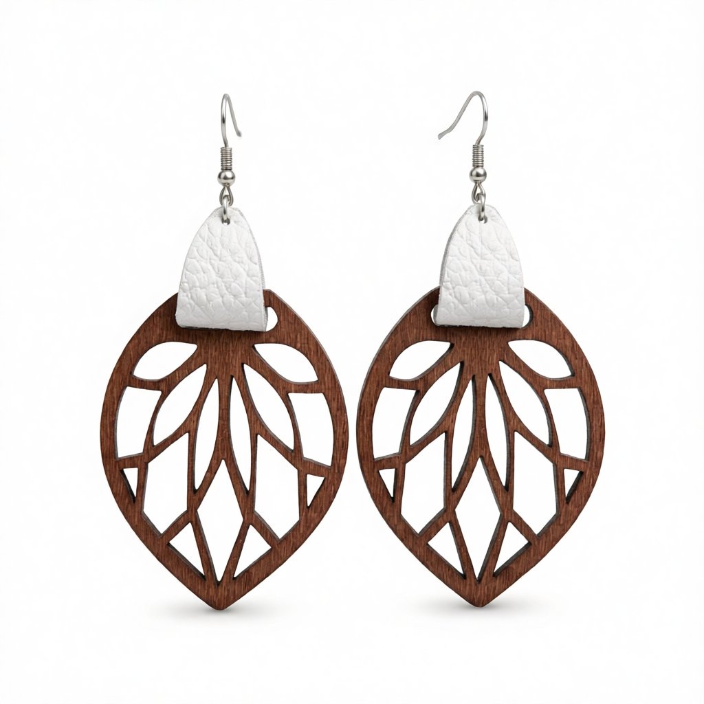 White Polystyrene and Wood Leaf Teardrop Earrings, drop earrings for women, dainty minimalist design, side view