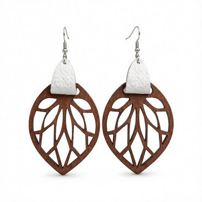 White Polystyrene and Wood Leaf Teardrop Earrings, drop earrings for women, dainty minimalist design, side view
