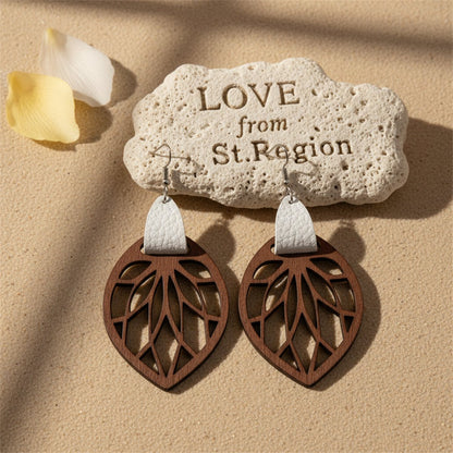 White Polystyrene and Wood Leaf Teardrop Earrings, drop earrings for women, dainty minimalist design, lifestyle look