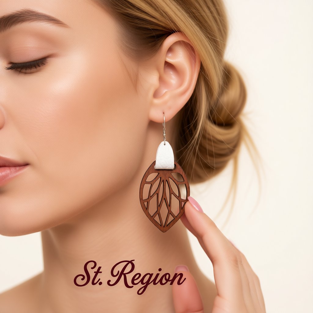 White Polystyrene and Wood Leaf Teardrop Earrings, drop earrings for women, dainty minimalist design, styled look