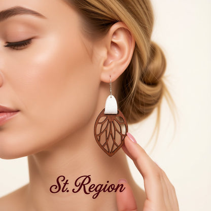 White Polystyrene and Wood Leaf Teardrop Earrings, drop earrings for women, dainty minimalist design, styled look