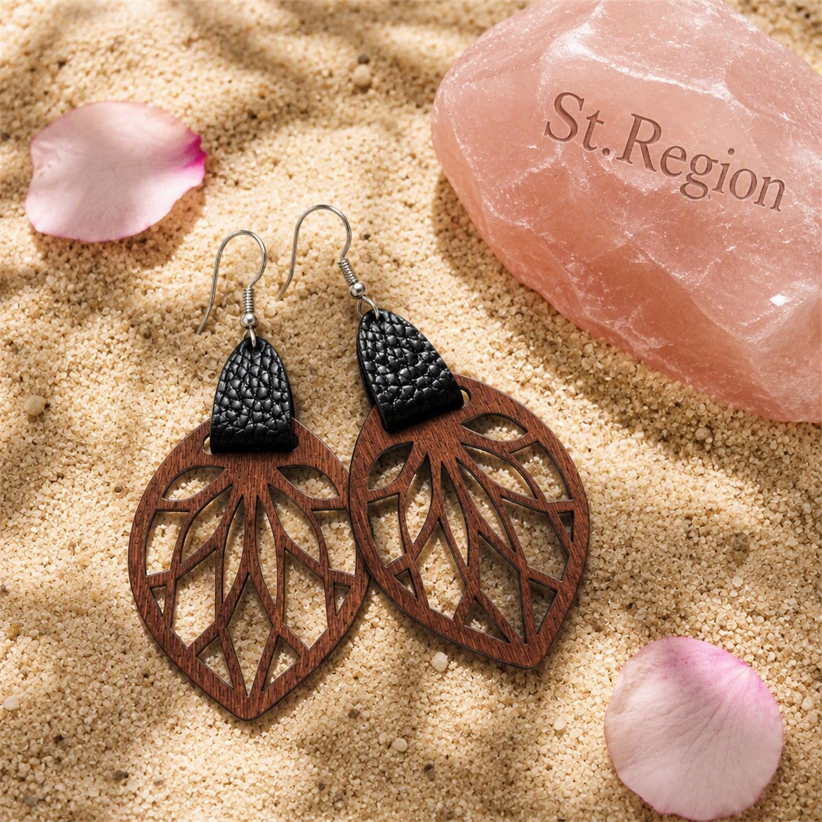 Black Polystyrene and Wood Leaf Teardrop Earrings, drop earrings for women, dainty minimalist design, detail close-up