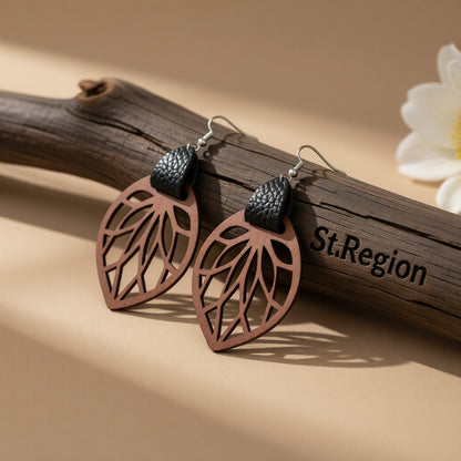 Black Polystyrene and Wood Leaf Teardrop Earrings, drop earrings for women, dainty minimalist design, front view