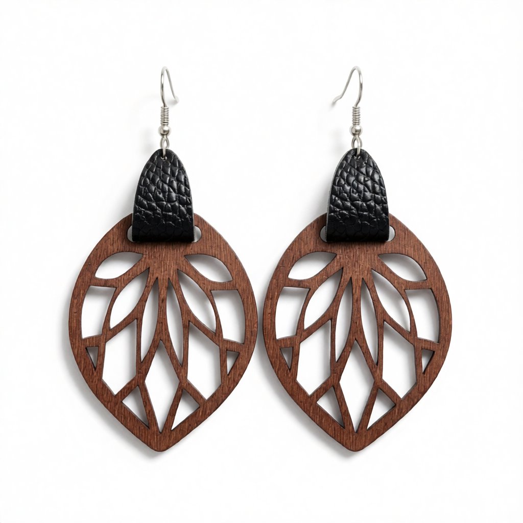 Black Polystyrene and Wood Leaf Teardrop Earrings, drop earrings for women, dainty minimalist design, side view