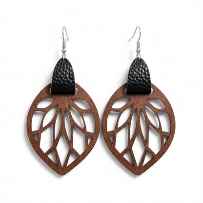 Black Polystyrene and Wood Leaf Teardrop Earrings, drop earrings for women, dainty minimalist design, side view