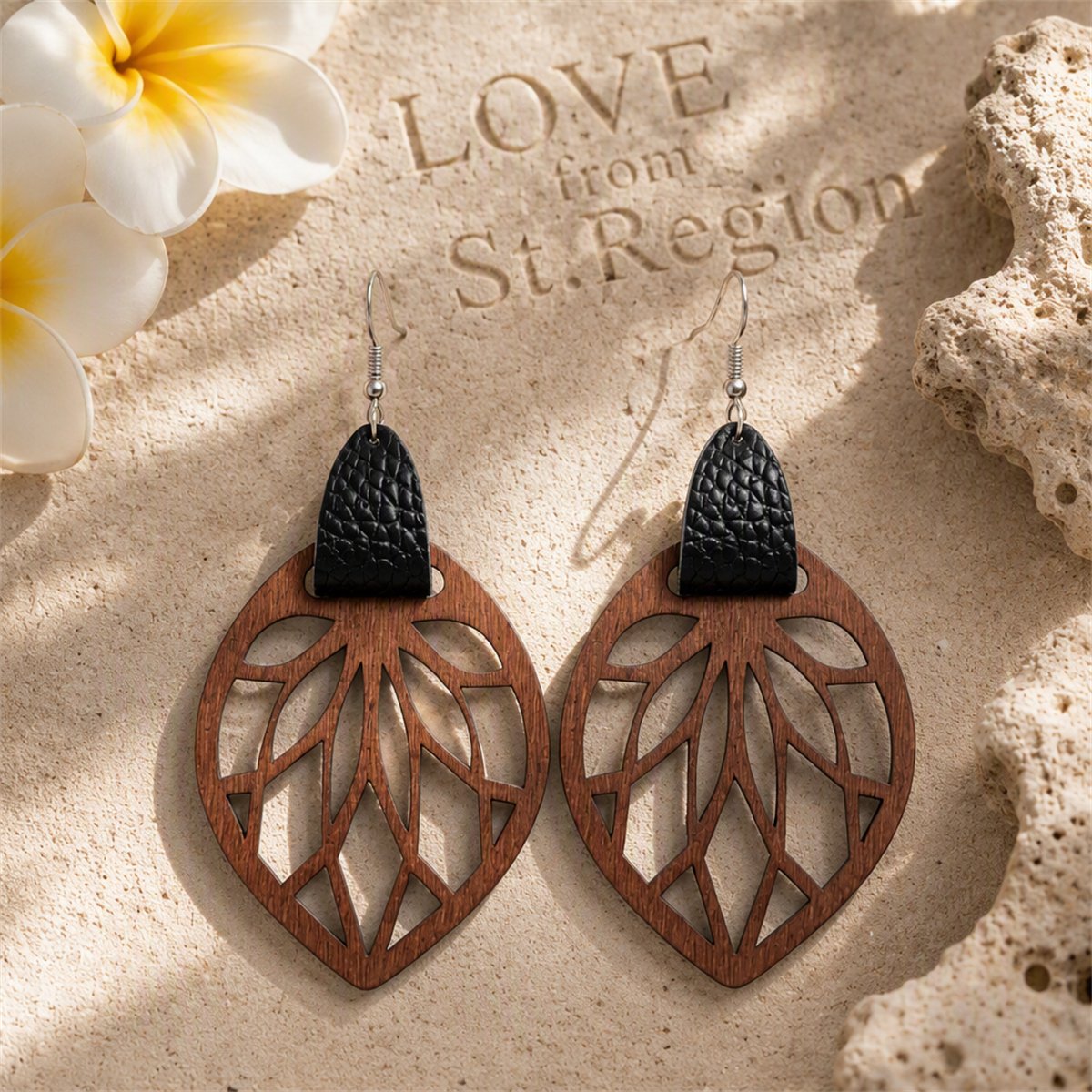 Black Polystyrene and Wood Leaf Teardrop Earrings, drop earrings for women, dainty minimalist design, lifestyle look