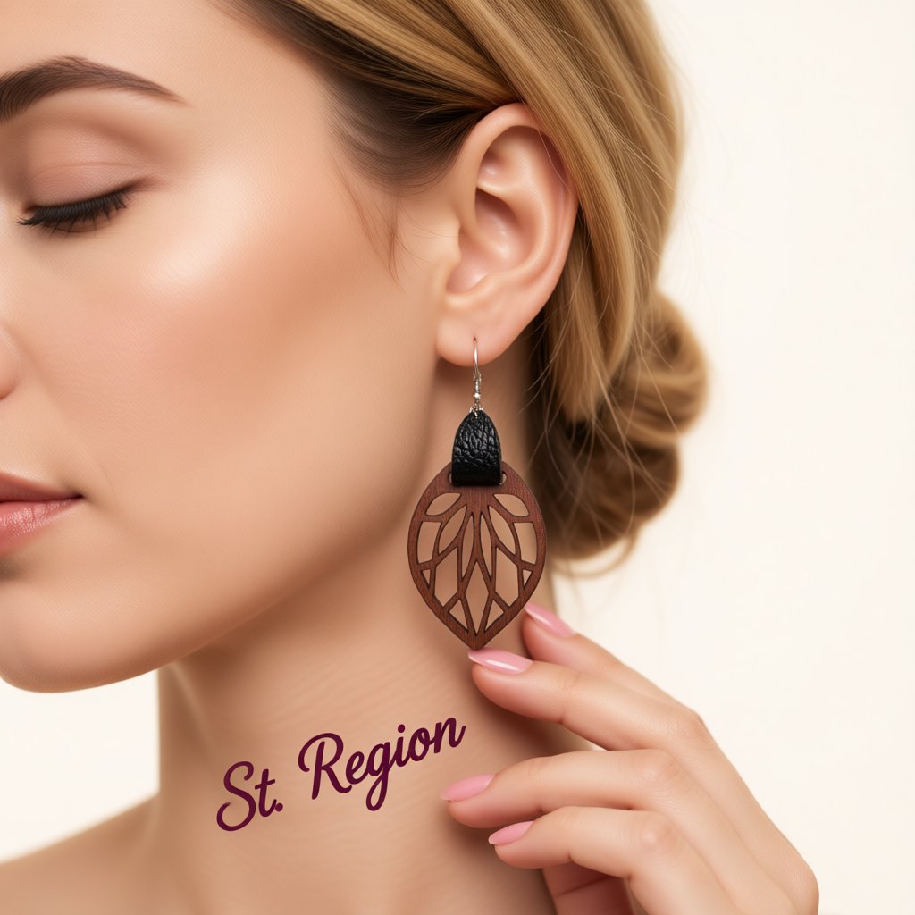 Black Polystyrene and Wood Leaf Teardrop Earrings, drop earrings for women, dainty minimalist design, styled look