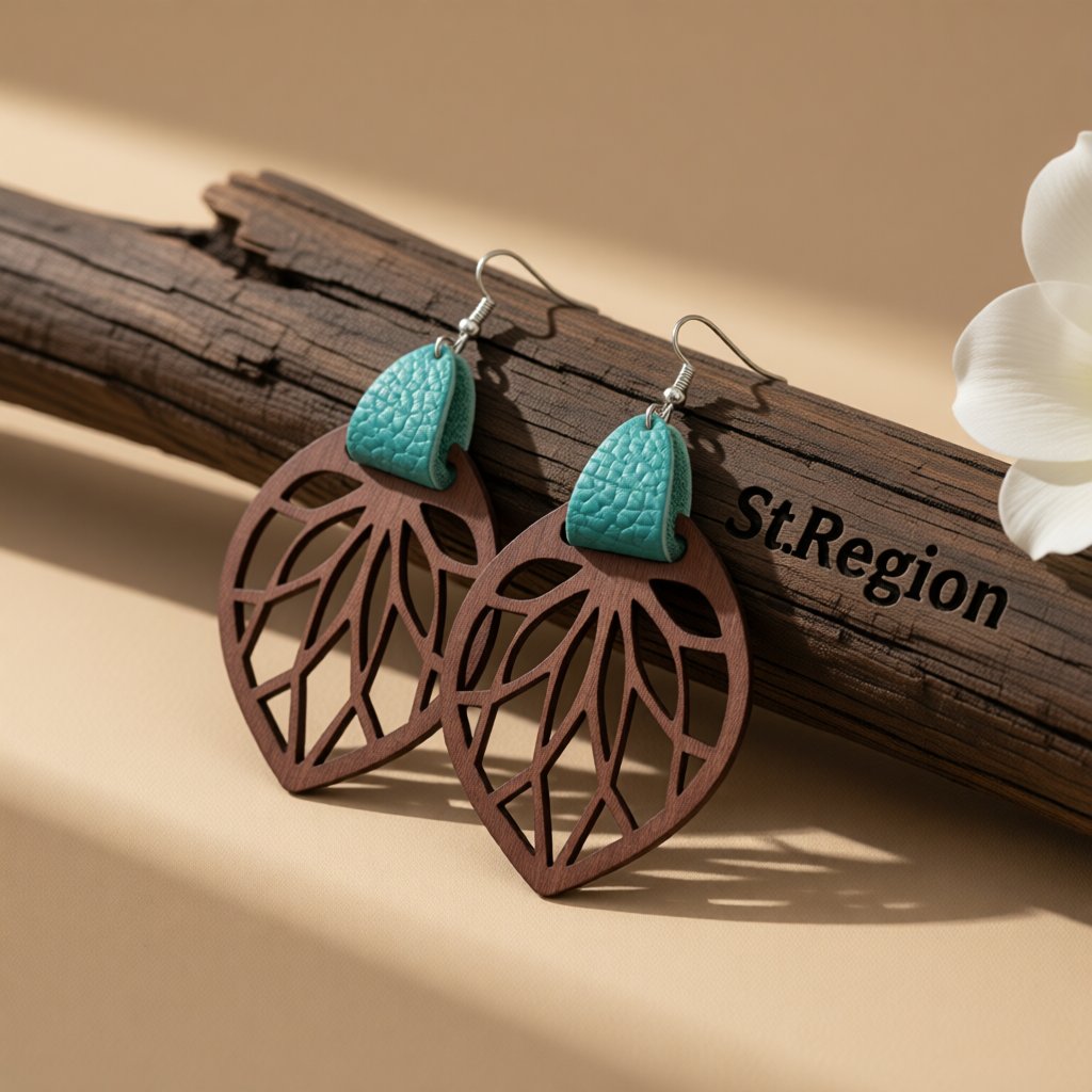Teal Polystyrene and Wood Leaf Teardrop Earrings, drop earrings for women, botanical inspired, front view