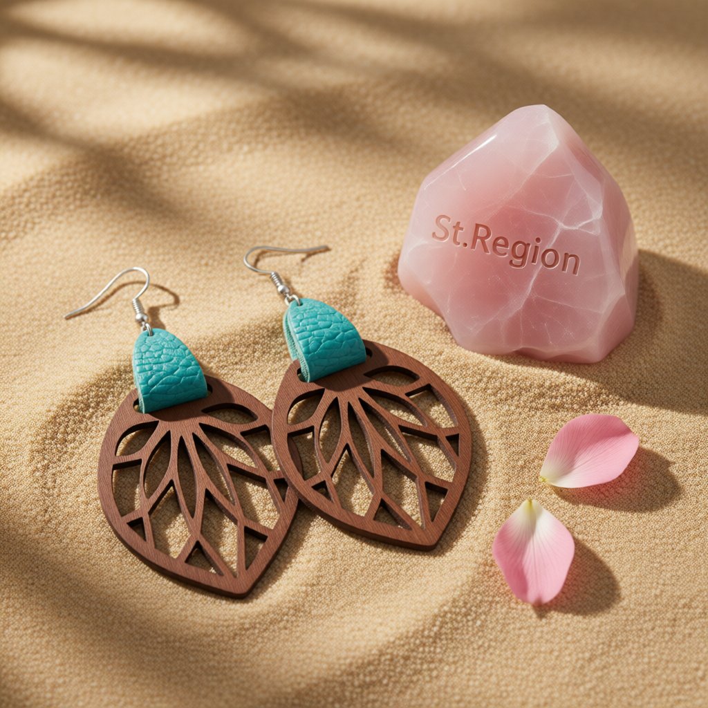 Teal Polystyrene and Wood Leaf Teardrop Earrings, drop earrings for women, botanical inspired, detail close-up
