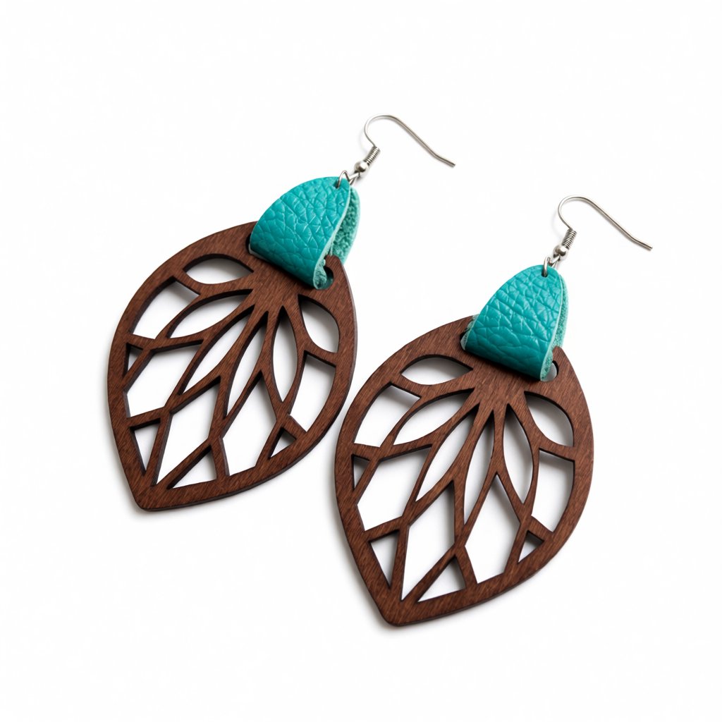 Teal Polystyrene and Wood Leaf Teardrop Earrings, drop earrings for women, botanical inspired, side view