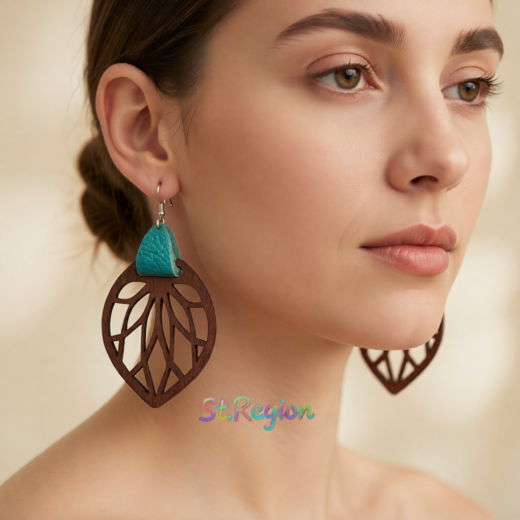 Teal Polystyrene and Wood Leaf Teardrop Earrings, drop earrings for women, botanical inspired, styled look