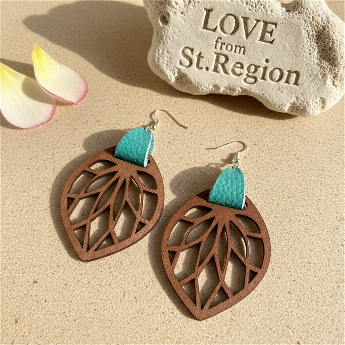 Teal Polystyrene and Wood Leaf Teardrop Earrings, drop earrings for women, botanical inspired, lifestyle look