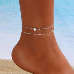 Silver-Plated Heart Charm Anklet & Station Anklet Set