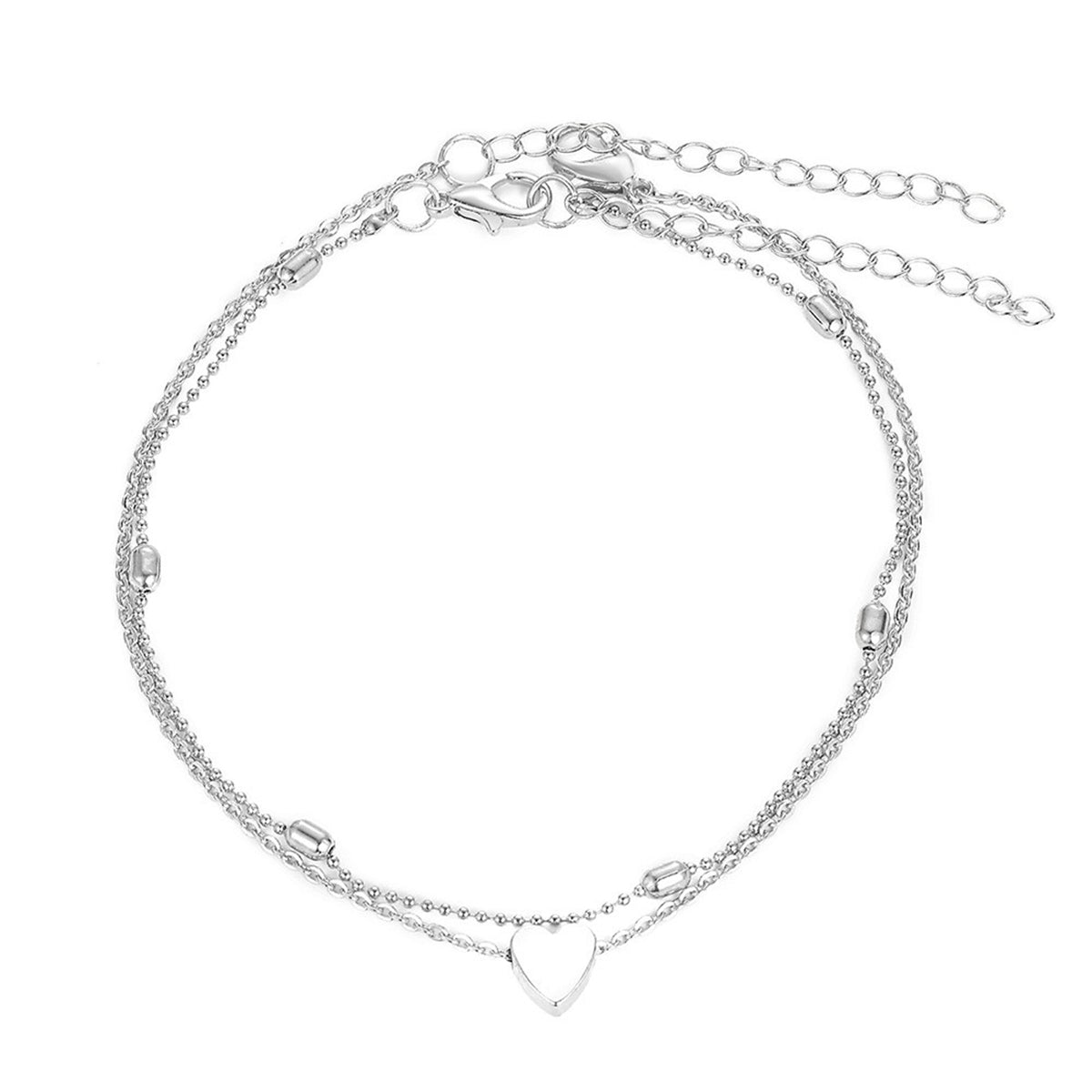 Silver-Plated Heart Charm Anklet and Station Anklet Set, silver anklet bracelet, botanical inspired, detail close-up