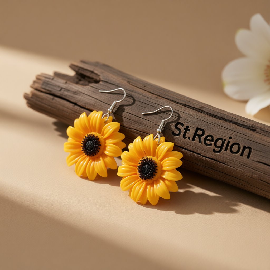 Yellow Sunflower Drop Earrings, drop earrings for women, everyday style, front view