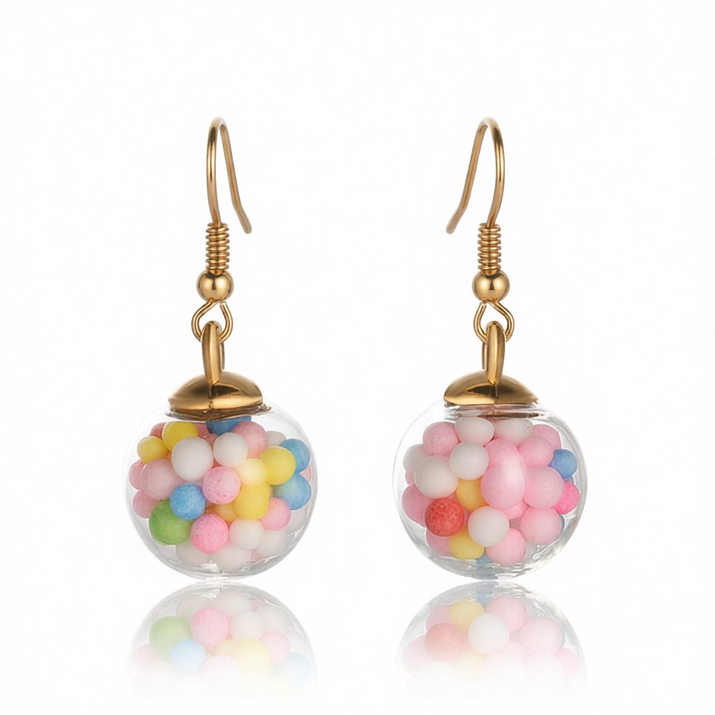 Pink Multicolor Resin and 18K Gold-Plated Ball Drop Earrings, gold drop earrings for women, everyday style, side view