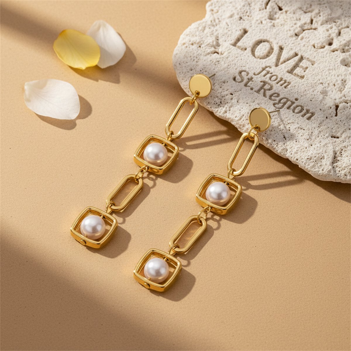 Pearl and 18K Gold-Plated Geometric Drop Earrings, gold drop earrings for women, vintage-inspired design, lifestyle look